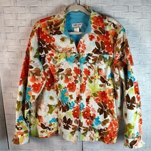 Coldwater Creek Floral denim Jacket button down costal grandma coverup plus size